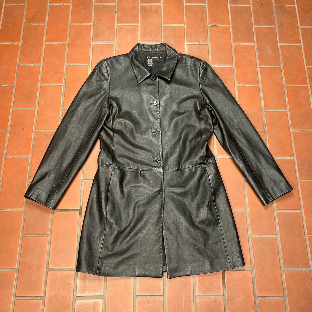 BCBG Nordstrom Leather Trench Coat Black Button Front Jacket Large Vintage Y2k